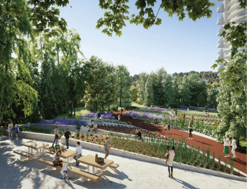 People sitting on benches with a backdrop of a park